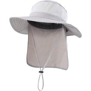 Unisex Grey 100% Polyester Wide Brim Mesh Vent Neck Flap Adjustable Fishing Hat